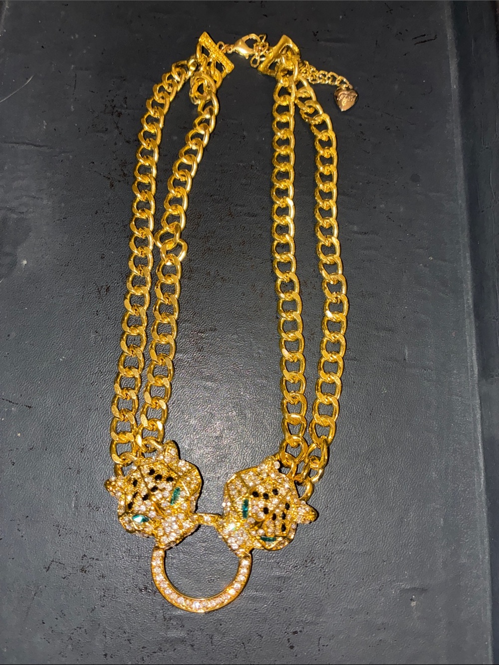 Gold Double-Chain Necklace with Crystal Leopard Heads with Bright Green Eyes